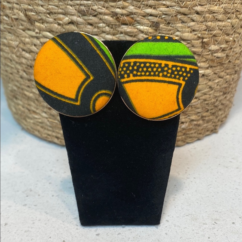 Beautiful African Cloth 1.5 Round Bold Orange‎ & Green Fabric Button Earrings